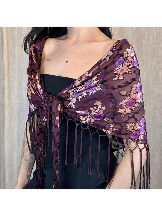 Accessories - Floral Fringe Sheer Boho Shawl